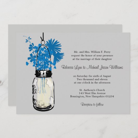 Blauwe Wilde bloemen & Mason Jar Wedding Uitnodigi Kaart (Voorkant / Achterkant)