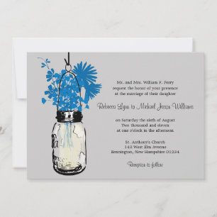 Blauwe Wilde bloemen & Mason Jar Wedding Uitnodigi Kaart