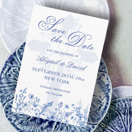 Blauwe wilde bloemen religieuze trouwkaart save th the date