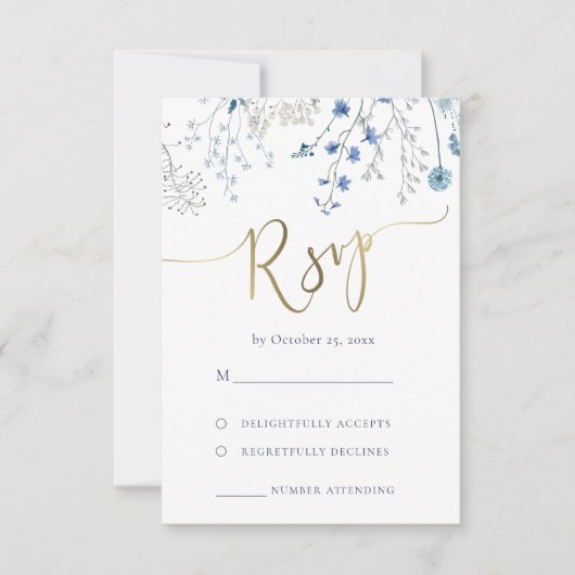 blauwe wilde bloemen RSVP bruiloft (Voorkant)