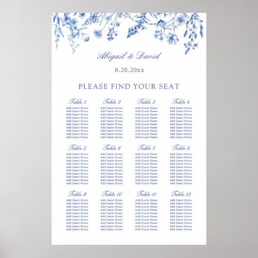 Blauwe Wilde Bloemen Trouw Zittijd Chart Poster (Voorkant)