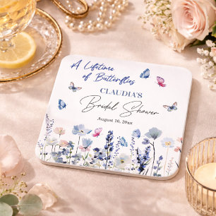 Blauwe Wilde Bloemen Vlinders Bruidsdouche Kartonnen Onderzetters