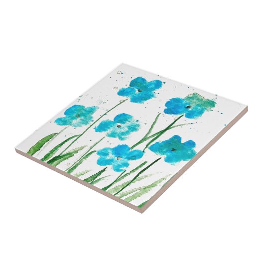 Blauwe wilde bloemen waterverf Kitchen Rustic Tegeltje (Zijkant)