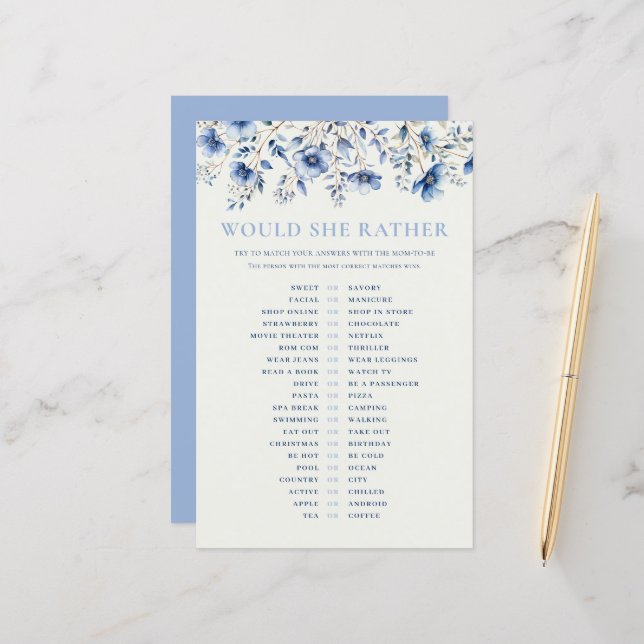 Blauwe wilde bloemen wil ze liever Baby shower spe (Voorkant / Achterkant in situ)