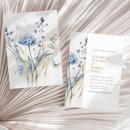Blauwe wilde bloementuin aquarel bruiloft kaart
