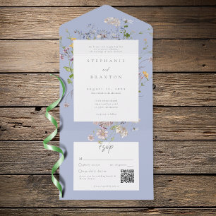 Blauwe wilde bloementuin Elegante Trouw QR All In One Uitnodiging