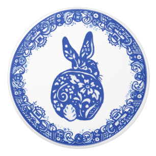Blauwe wilde ontwerpkonijn Bunny Cute Fact rechts Keramische Knop
