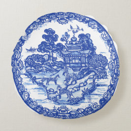 Blauwe wilde vossenvezel Floral Antiek Pagoda Bird Rond Kussen