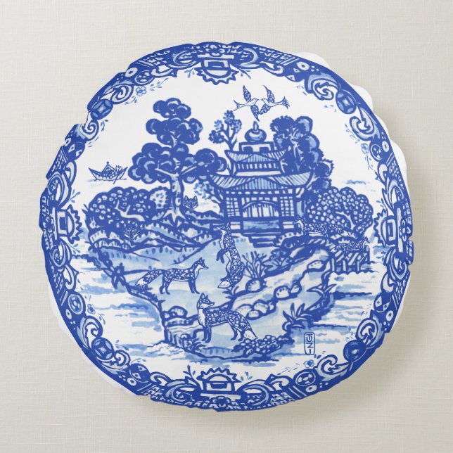 Blauwe wilde vossenvezel Floral Antiek Pagoda Bird Rond Kussen (Voorkant)