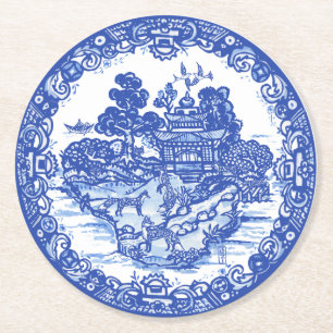 Blauwe wilde vossenvezel Floral Antiek Pagoda Bird Ronde Kartonnen Onderzetter