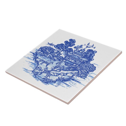 Blauwe wilde vossenvezel Floral Antiek Pagoda Bird Tegeltje (Zijkant)