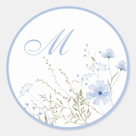 Blauwe Wildflower Monogram Bruiloft Envelop Afdich Ronde Sticker (Voorkant)