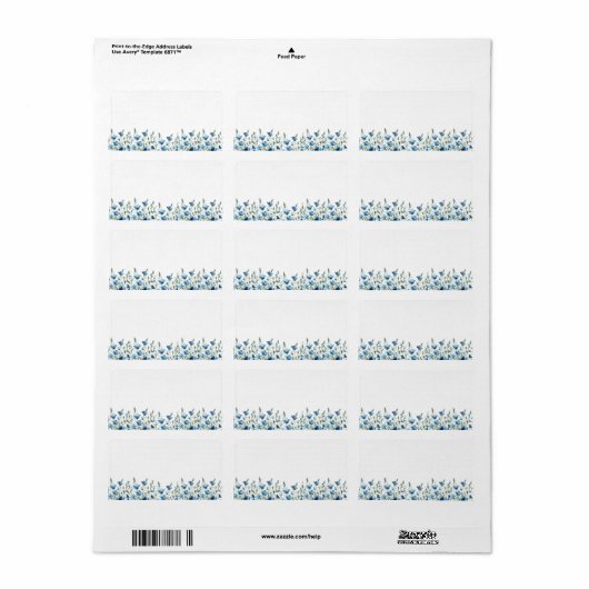 Blauwe Wildflowers Blank DIY Print Trouwadres Etiket (Full Sheet)