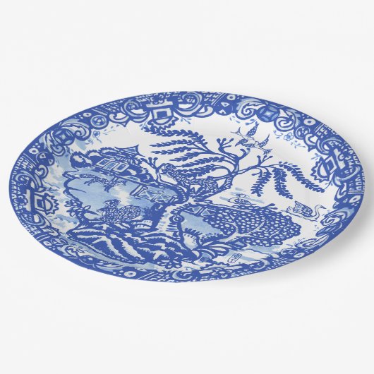 Blauwe Wilg Eekhoorn Vogel Vos Aziatische Tempel T Papieren Bordje (Gekanteld)