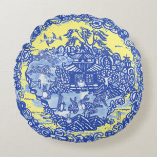 Blauwe Wilg Isle of Rabbits Geel Whimsical Rond Kussen