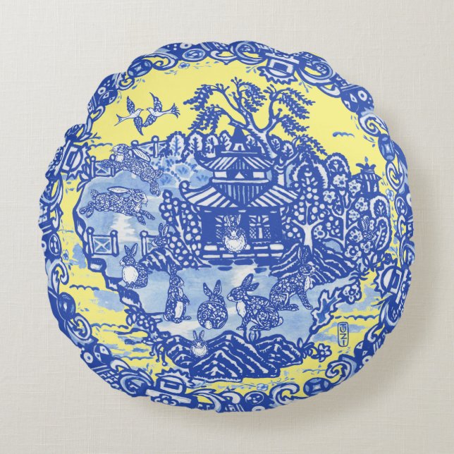 Blauwe Wilg Isle of Rabbits Geel Whimsical Rond Kussen (Voorkant)