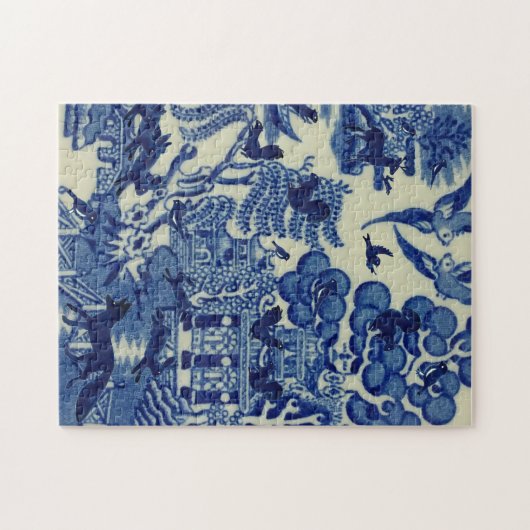 Blauwe wilg met wilde dieren Fox Rabbit Bird Legpuzzel (Horizontaal)