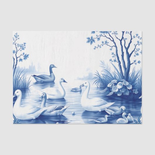 Blauwe Wilg Zwanen Meercscene Tissuepapier (Voorkant)