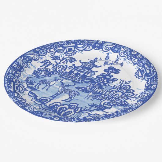 Blauwe Wilgen Herten Aziatische Tempel Tuin Kunst Papieren Bordje (Gekanteld)