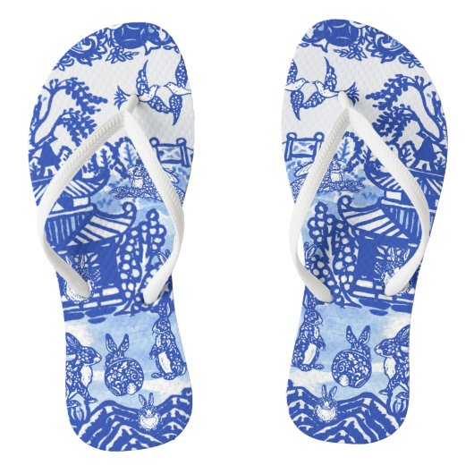 Blauwe Wilgen Konijn Oosterse Tuin Whimsical Bunny Teenslippers (Voetbed)