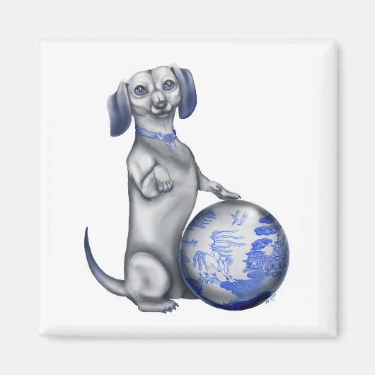 Blauwe Willow Dachshund Magnet (Voorkant)