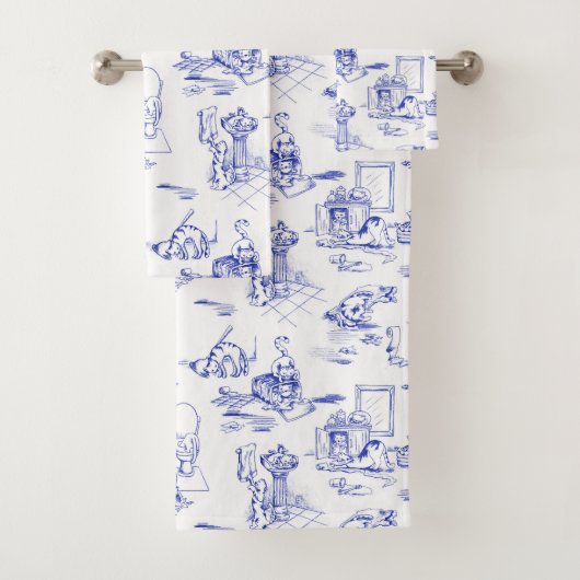 Blauwe Willow Kitty Kat Badkamer Toile Bad Handdoek (Insitu)