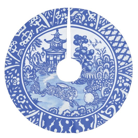 Blauwe Willow Oosterse Konijn Whimsical Blauw & Wi Kerstboom Rok (Voorkant)