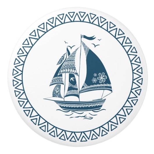 Blauwe wind zeilen nautische boot keramische knop (Voorkant)