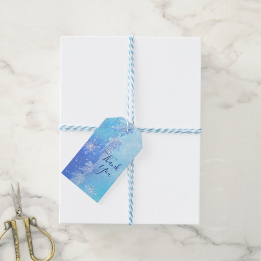 Blauwe Winter Bladeren & Sneeuwvlokken Elegante gu Cadeaulabel (Met Touw)