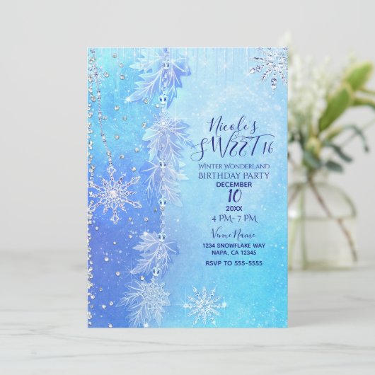 Blauwe Winter Bladeren & Sneeuwvlokken Sweet 16 Pa Kaart (Staand voorkant)