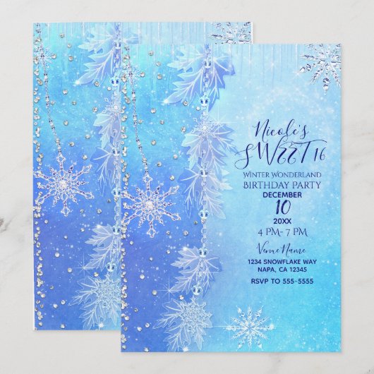 Blauwe Winter Bladeren & Sneeuwvlokken Sweet 16 Pa Kaart (Voorkant / Achterkant)