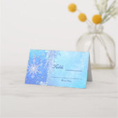 Blauwe Winter Bladeren & Sneeuwvlokken Tafel Zitje Plaatskaartje (Achterkant)