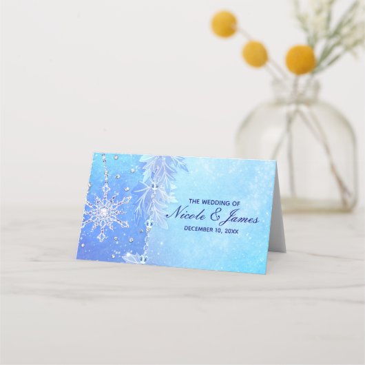 Blauwe Winter Bladeren & Sneeuwvlokken Tafel Zitje Plaatskaartje (Voorkant)