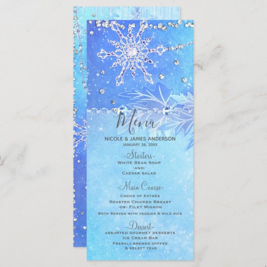 Blauwe Winter Bladeren & Snowflakes Trouwmenu Menu (Voorkant / Achterkant)