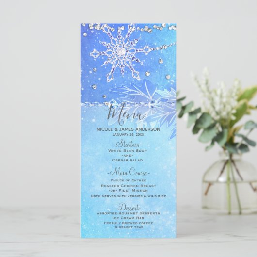 Blauwe Winter Bladeren & Snowflakes Trouwmenu Menu (Staand voorkant)