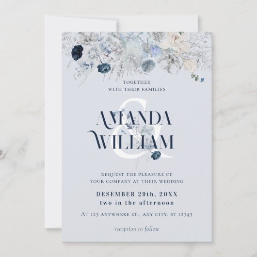 Blauwe Winter Bloemen Elegante bruiloft Kaart (Voorkant)