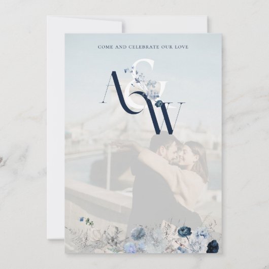 Blauwe Winter Bloemen Elegante bruiloft Kaart (Achterkant)