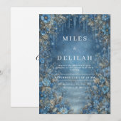 Blauwe Winter Bloemen Huwelijksuitnodiging Kaart (Voorkant / Achterkant)