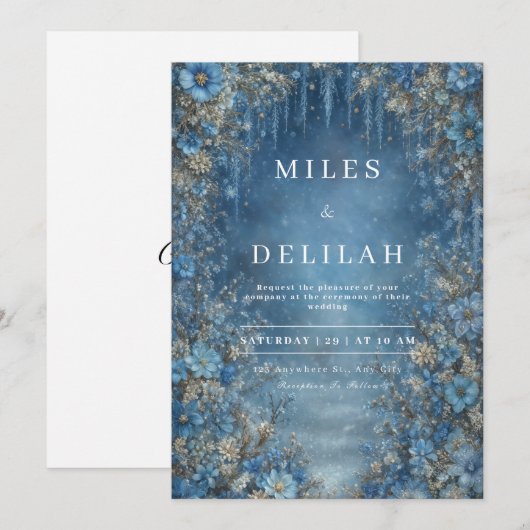 Blauwe Winter Bloemen Huwelijksuitnodiging Kaart (Voorkant / Achterkant)