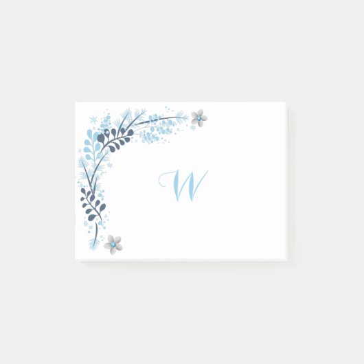 Blauwe Winter Bloemige Monogram Post-it® Notes (Voorkant)