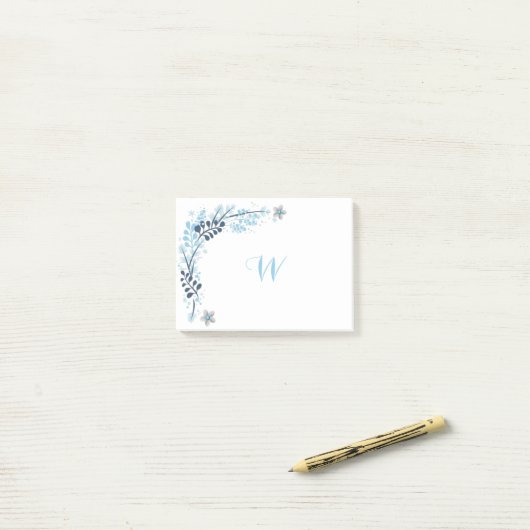 Blauwe Winter Bloemige Monogram Post-it® Notes (Op bureau)