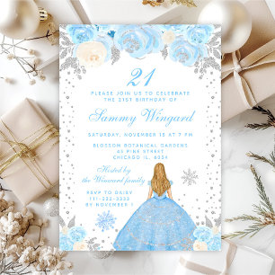 Blauwe Winter Blond Haar Prinses Verjaardagsfeestj Kaart