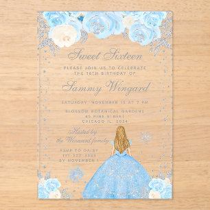 Blauwe Winter Blonde Haren Prinses Sweet Sixteen Acryl Uitnodigingen