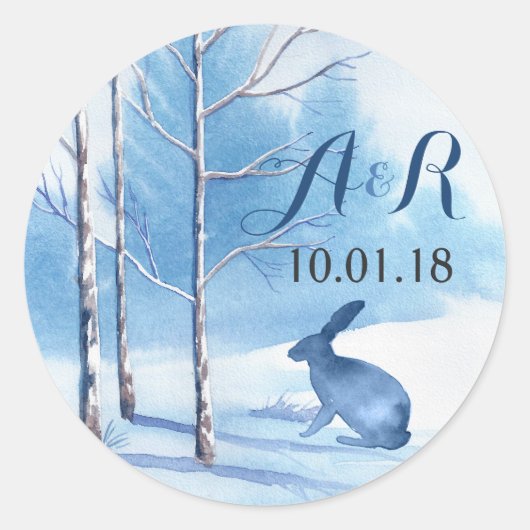 Blauwe Winter Bomen Monogram Bruiloft Ronde Sticker (Voorkant)