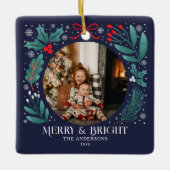 Blauwe Winter Botanicals Kerstfoto Keramisch Ornament (Voorkant)