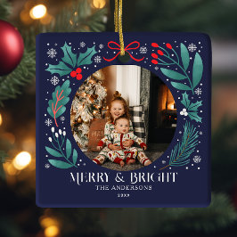 Blauwe Winter Botanicals Kerstfoto Keramisch Ornament