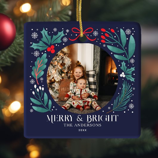 Blauwe Winter Botanicals Kerstfoto Keramisch Ornament