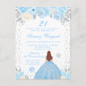 Blauwe Winter Bruine Haar Prinses Verjaardagsfeest Briefkaart (Voorkant)