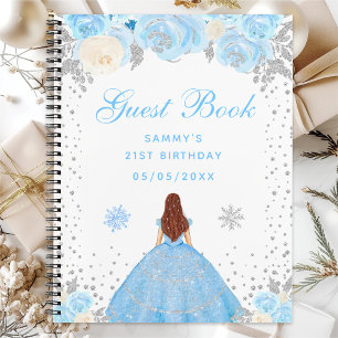 Blauwe Winter Bruine Haar Prinses Verjaardagsfeest Notitieboek