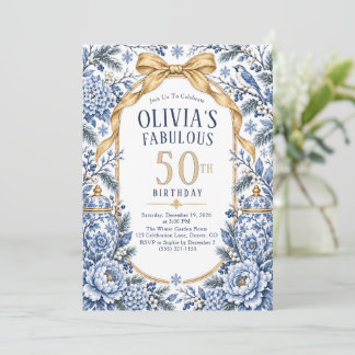 Blauwe Winter Chinoiserie 50ste Verjaardagsuitnodi Kaart